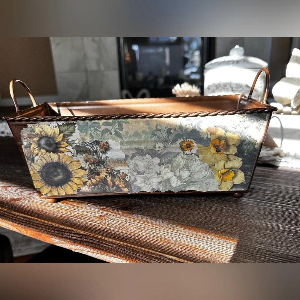 Hand crafted Artisan rustic Floral Metal Storage Bin Brown and Yellow